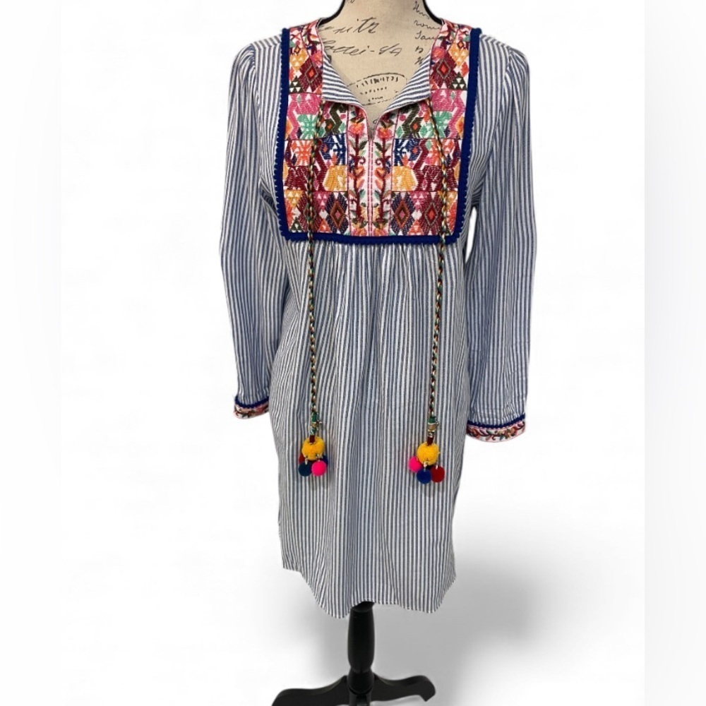 Chelsea & Theodore Petite Embroidered Boho Tassel Tunic Dress PM NWOT